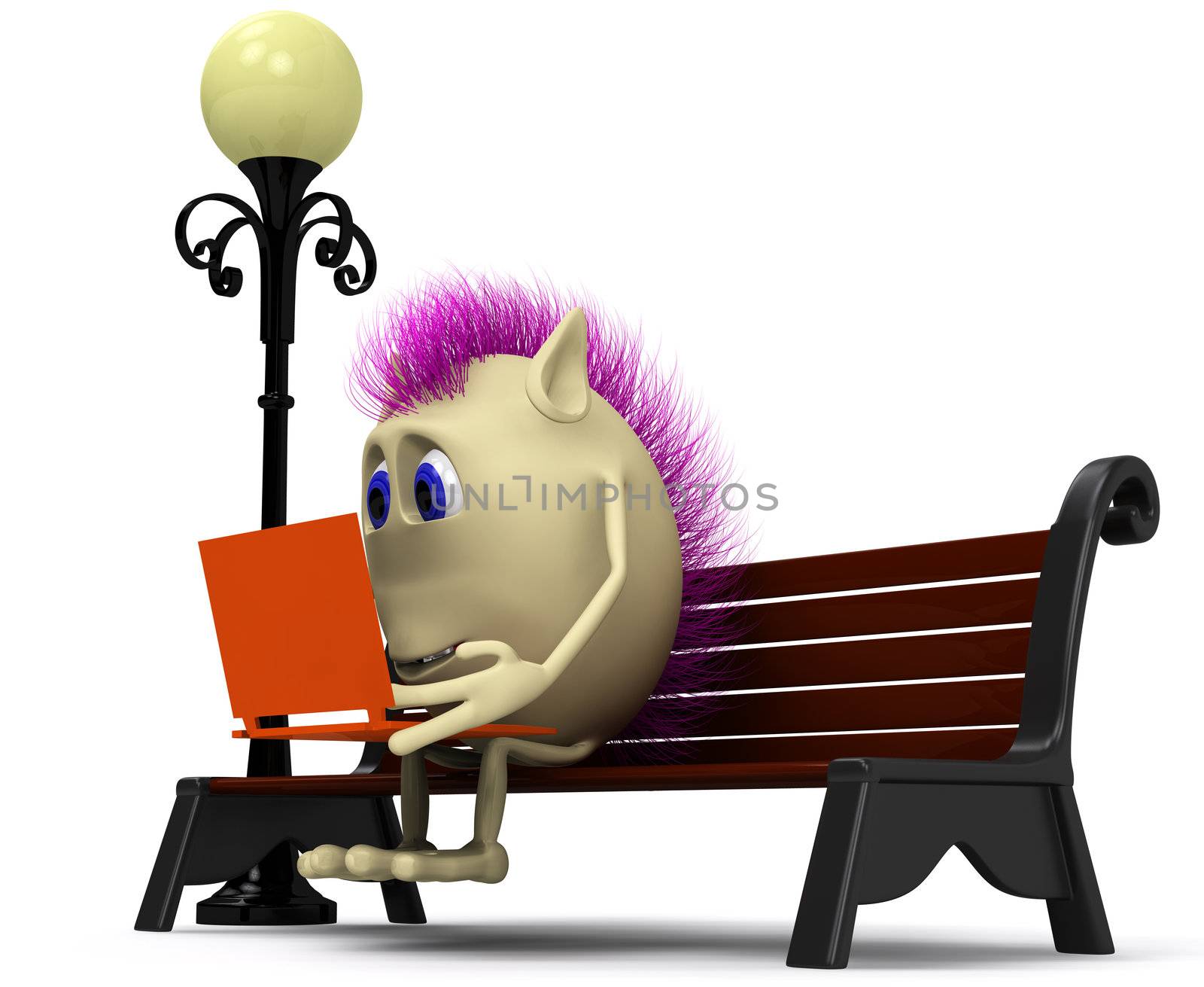 Haired puppet using laptop on brown bench by vetdoctor