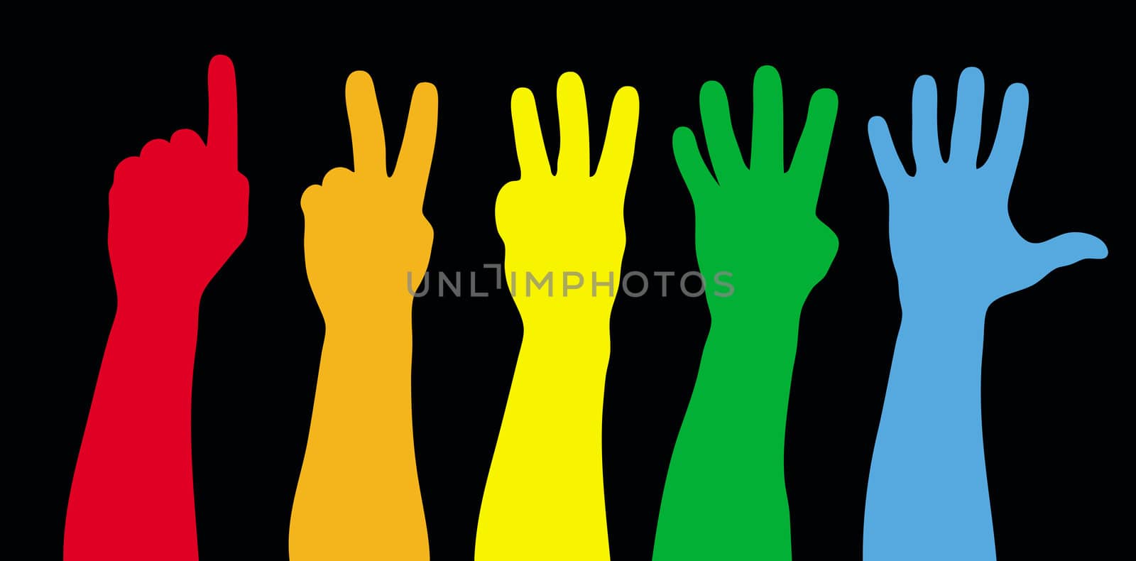 Color hands counting on black.  Illustration.