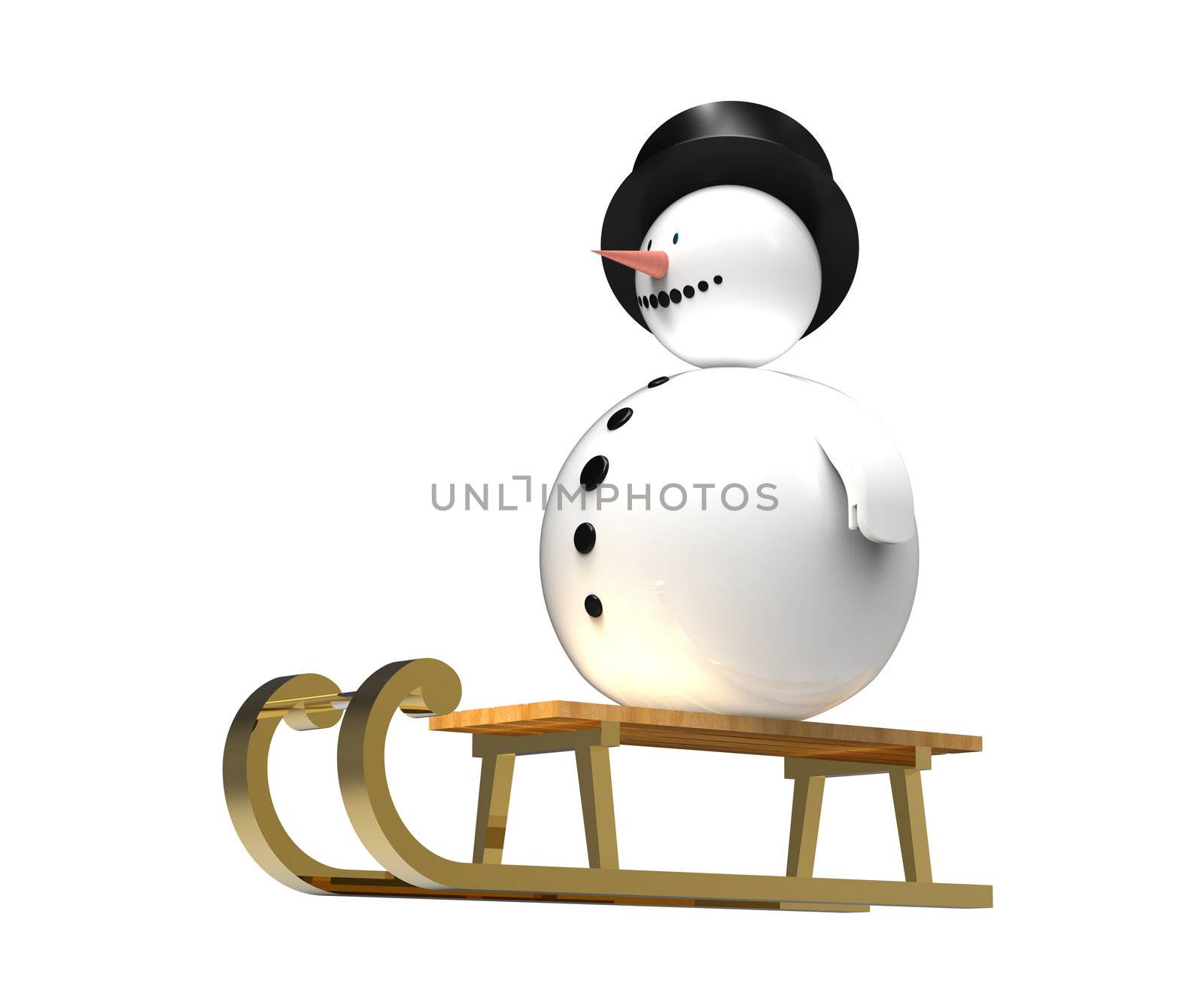 Snowman on golden sledge Christmas decoration isolated on white 3d render