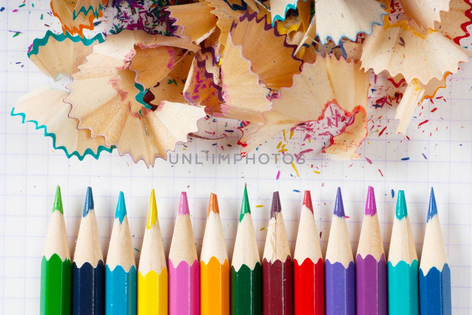 Macro view of colorful pencils and peels