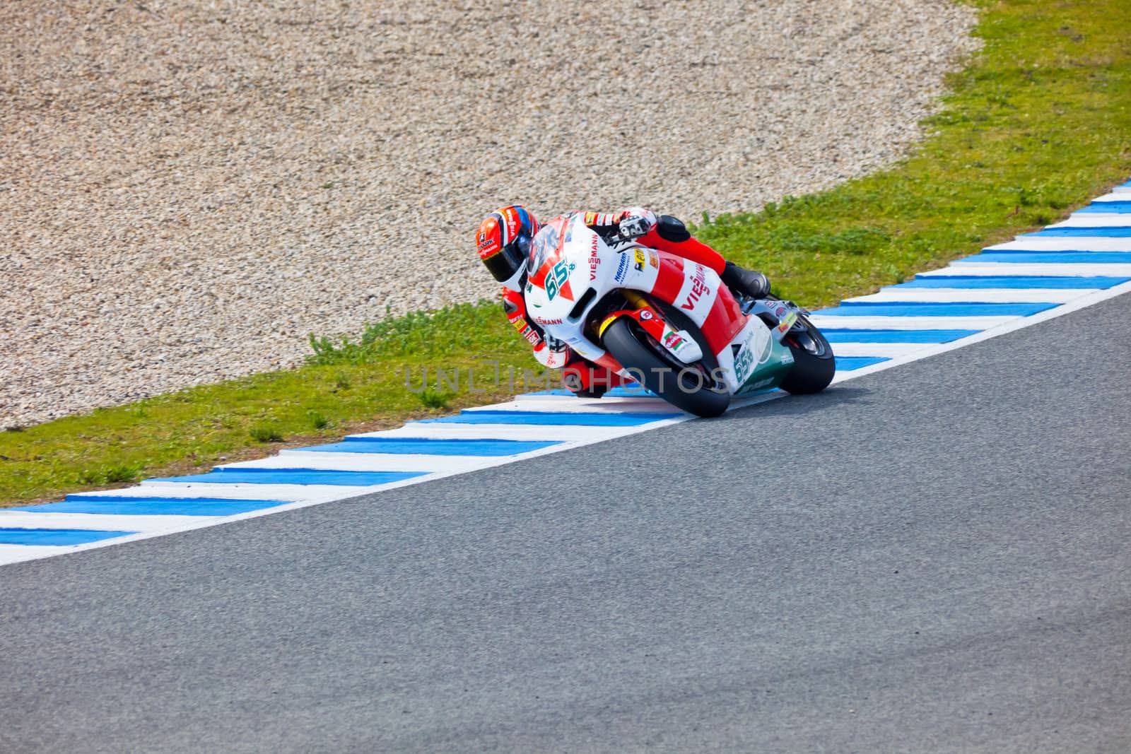JEREZ DE LA FRONTERA, SPAIN - MAR 5: Moto2 pilot Stefan Bradl takes a curve on the official training of the world championship of MotoGP on Mar 5, 2011, in Jerez de la Frontera, Spain
