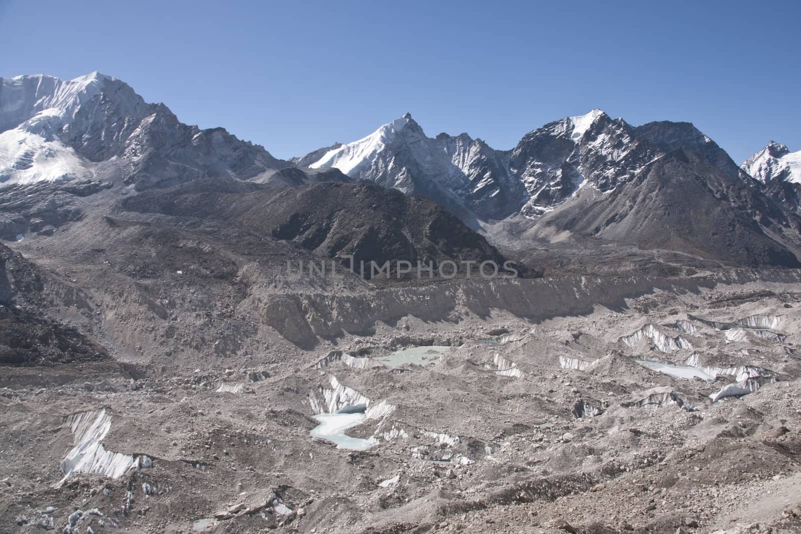 khumbu glacier. Powerful glacier covered in debris 5140m high in the Himalaya mountains of Nepal.