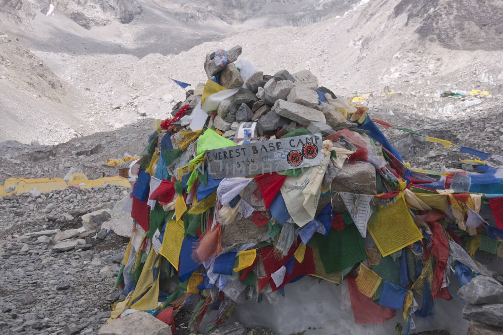 Buddhist Prayer Flags at Everest Base Camp 5364 Metre up in the Himalaya Mountains of Nepal