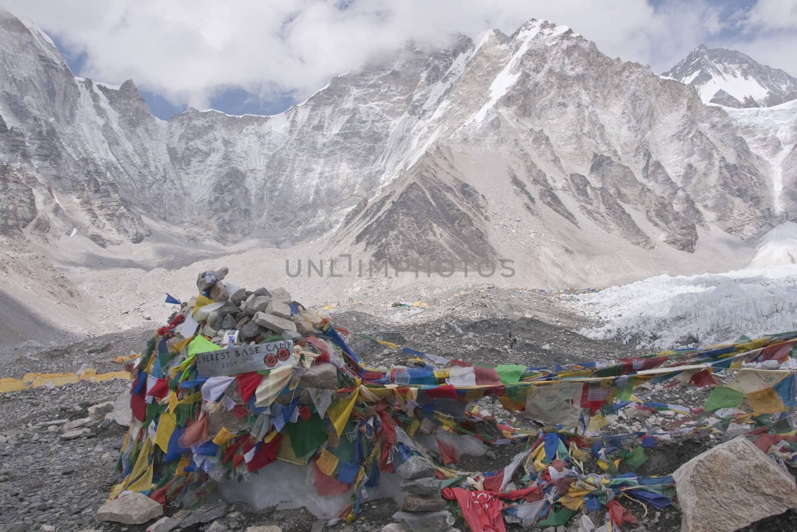 Buddhist Prayer Flags at Everest Base Camp 5364 Metre up in the Himalaya Mountains of Nepal