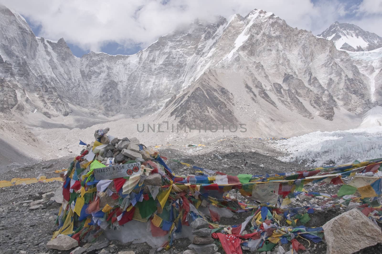 Buddhist Prayer Flags at Everest Base Camp 5364 Metre up in the Himalaya Mountains of Nepal