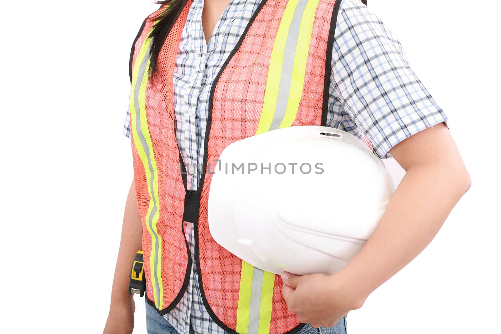 Engineer woman holding an helmet, isolated over white