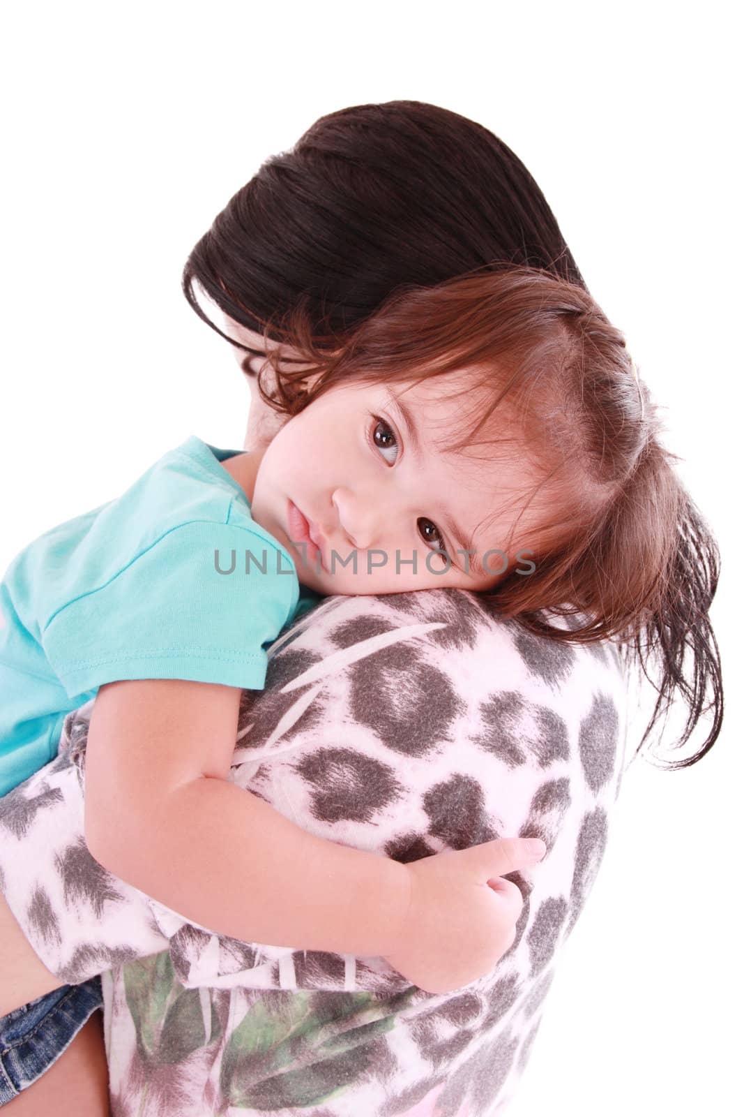 Girl hugging her mom. Isolated on white. by dacasdo