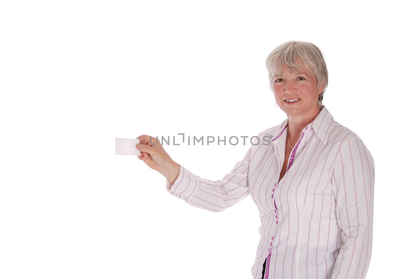 Senior businesswoman holding out a blank business card