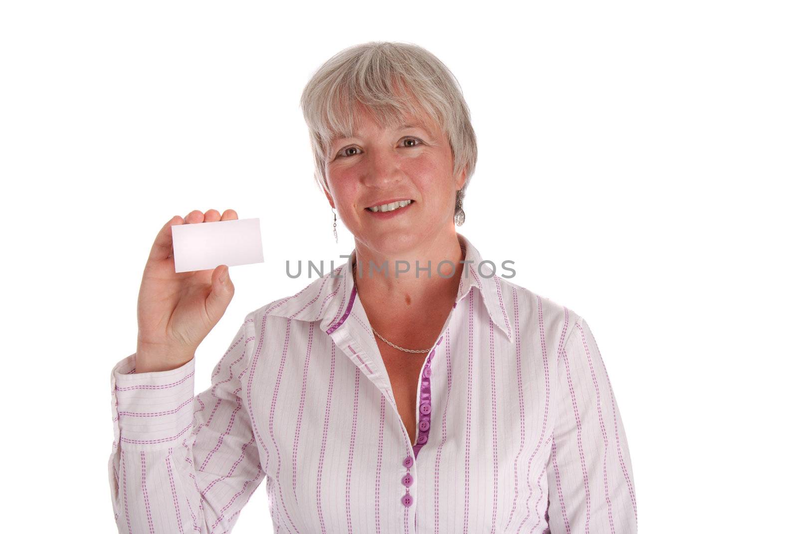 Smiling woman holding a blank business card