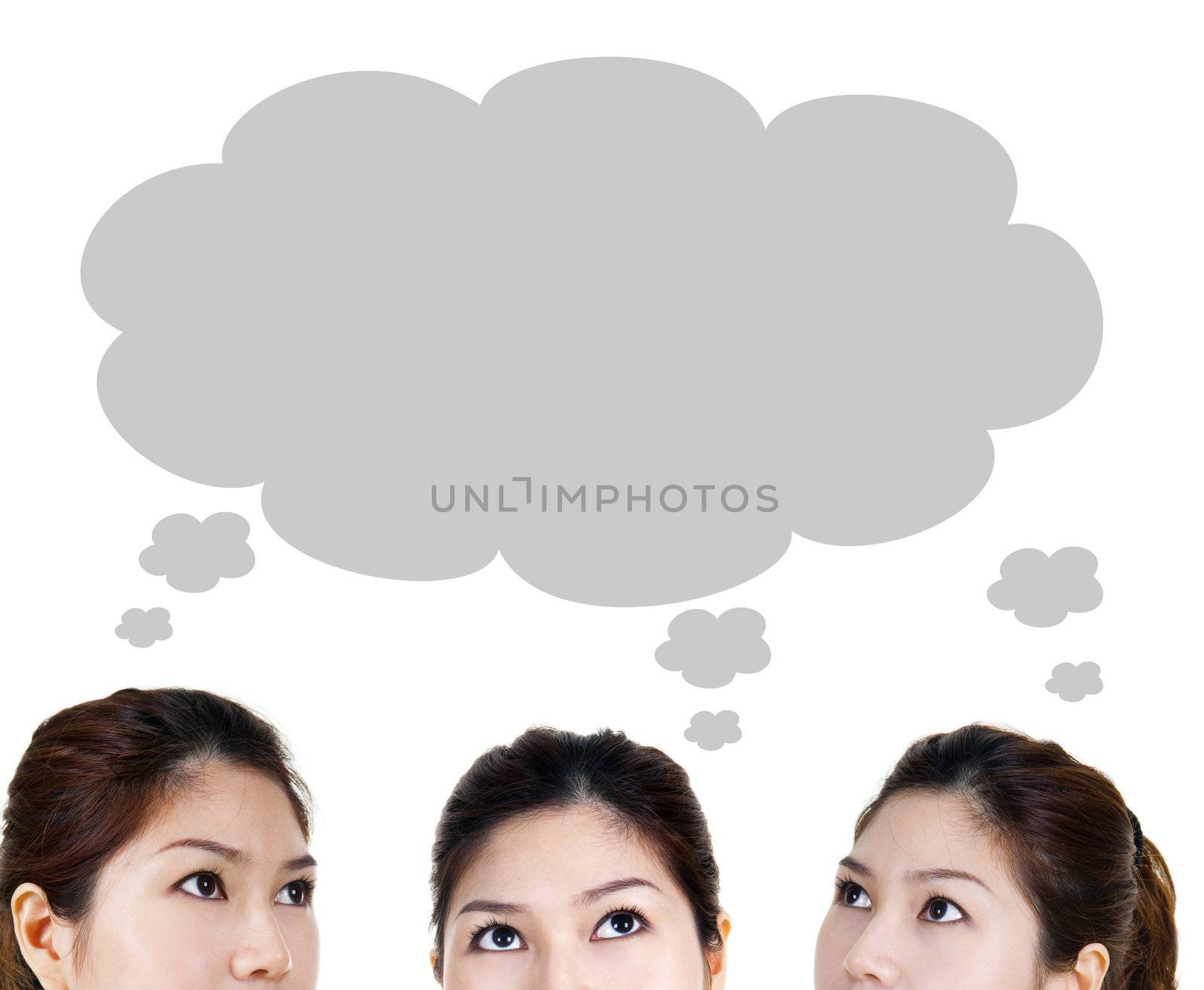 Close-up portrait of beautiful women having thought. Looking up.