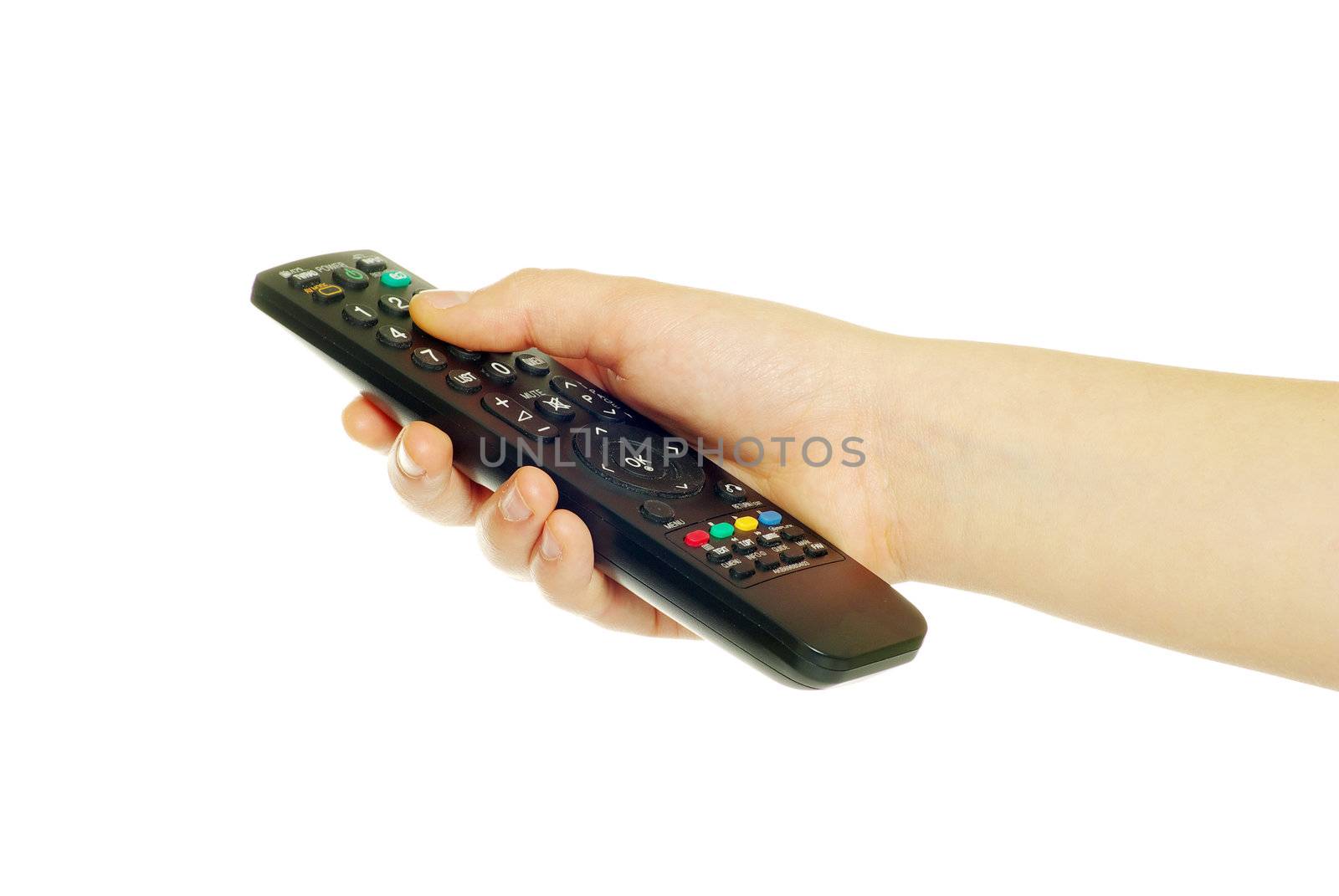 remote control in hand isolated on white background