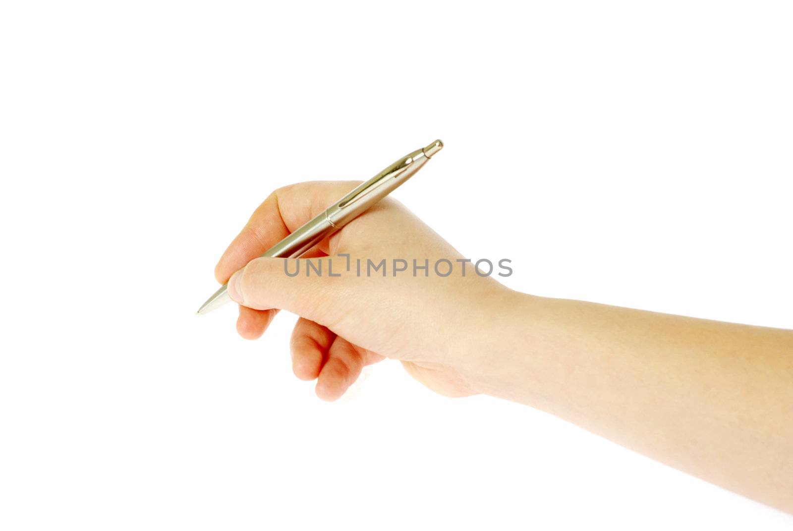 Hand and pen on the white background