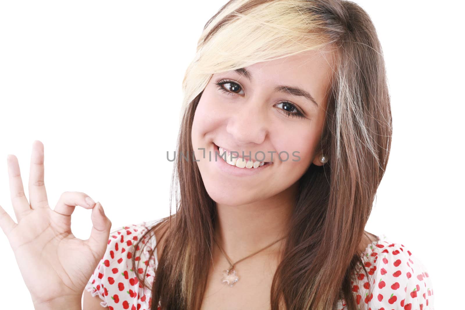 bright picture of lovely teenage girl showing ok sign by dacasdo