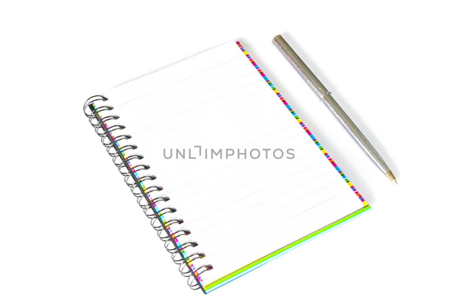 The notebook with the handle lays on a white background