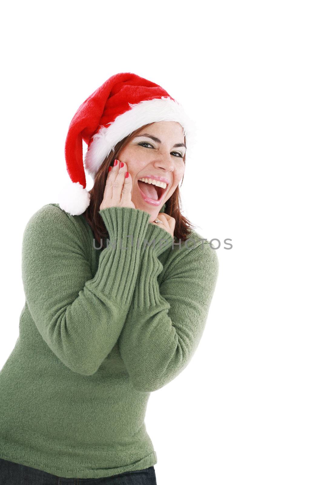 surprised christmas woman wearing a santa hat smiling isolated o by dacasdo