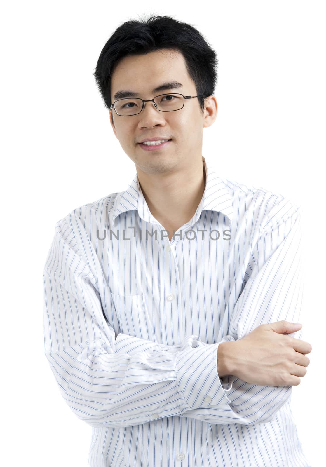 Asian businessman arms crossed isolated on white