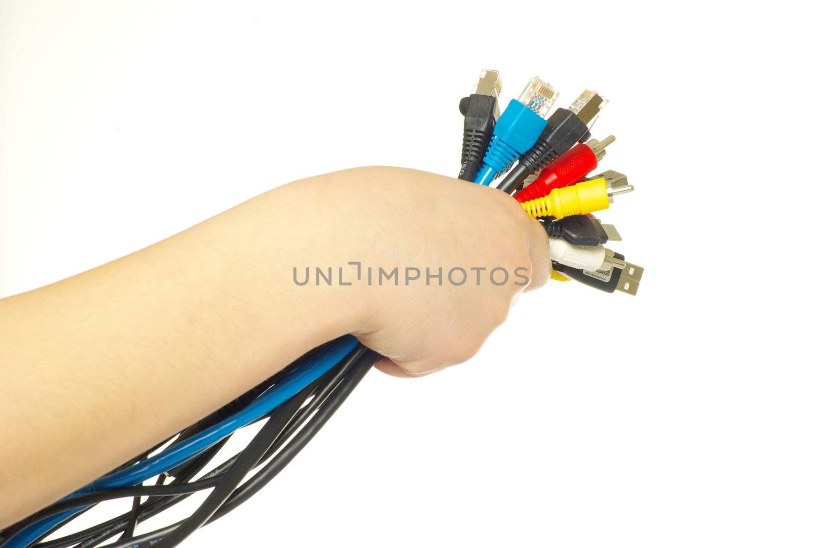 Computer cables in hand isolated on white background