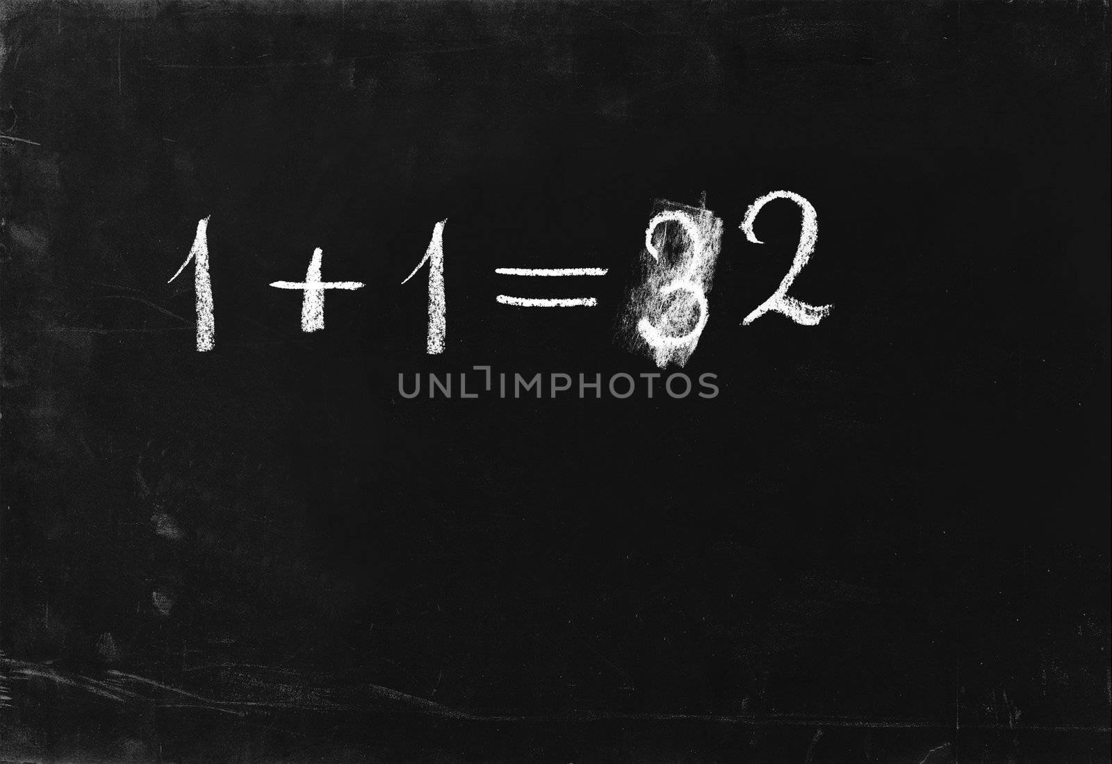 Ooops. Simple math operation 2+2= writing chalk on blackboard. by pashabo
