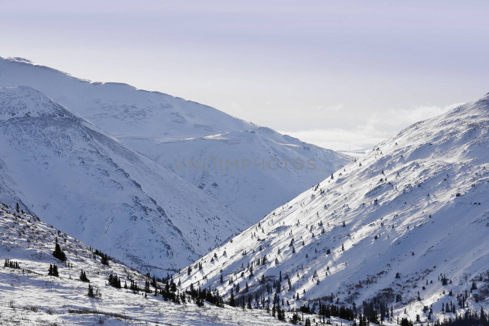 Snowy mountain terrain in the Yukon Territory, Canada.