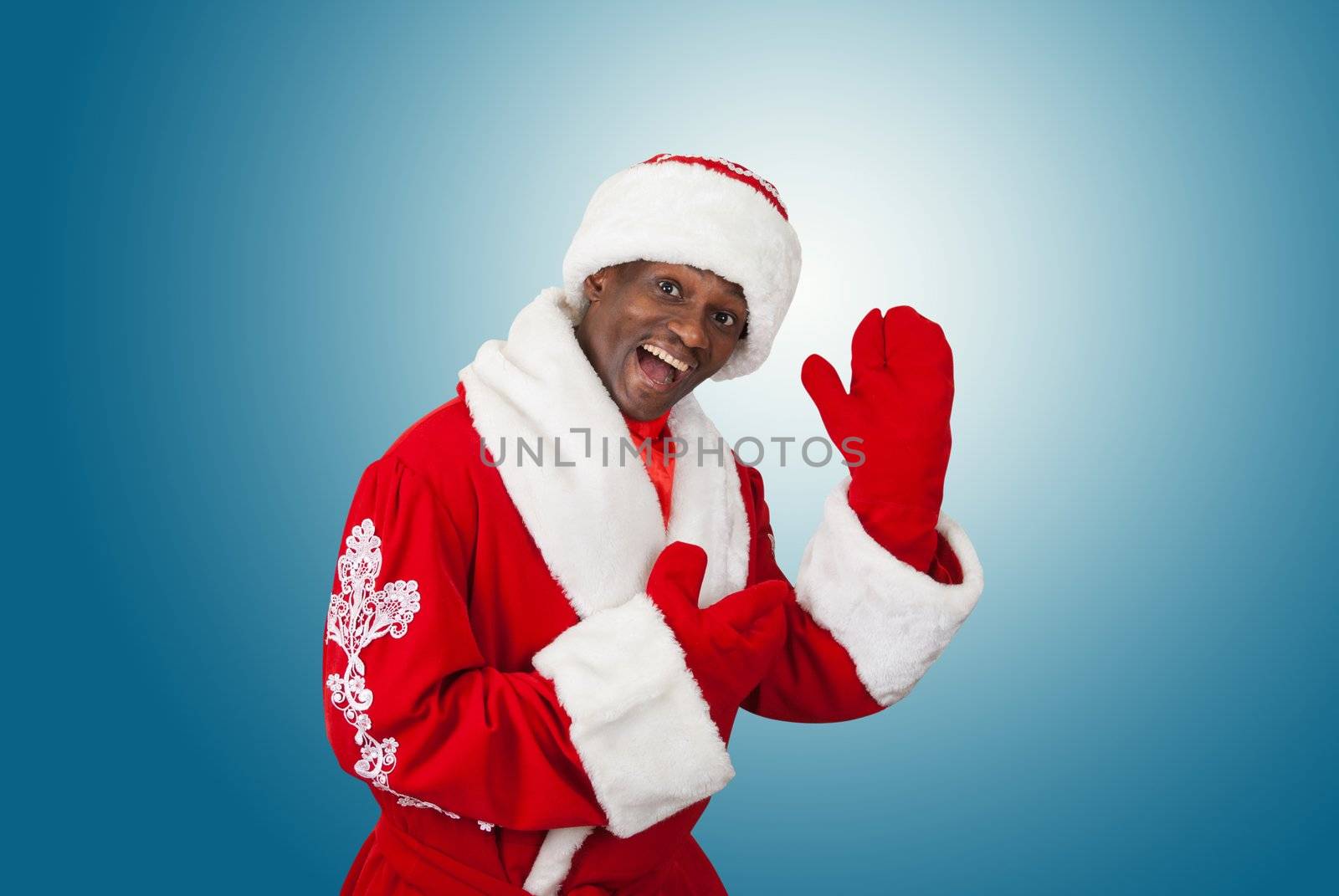 surprised black santa claus on a blue background