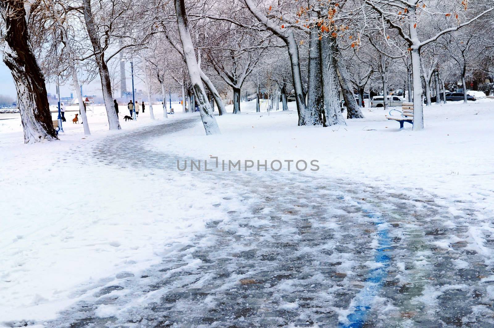 Winter park and recreational trail covered with snow. Beach area, Toronto, Canada.