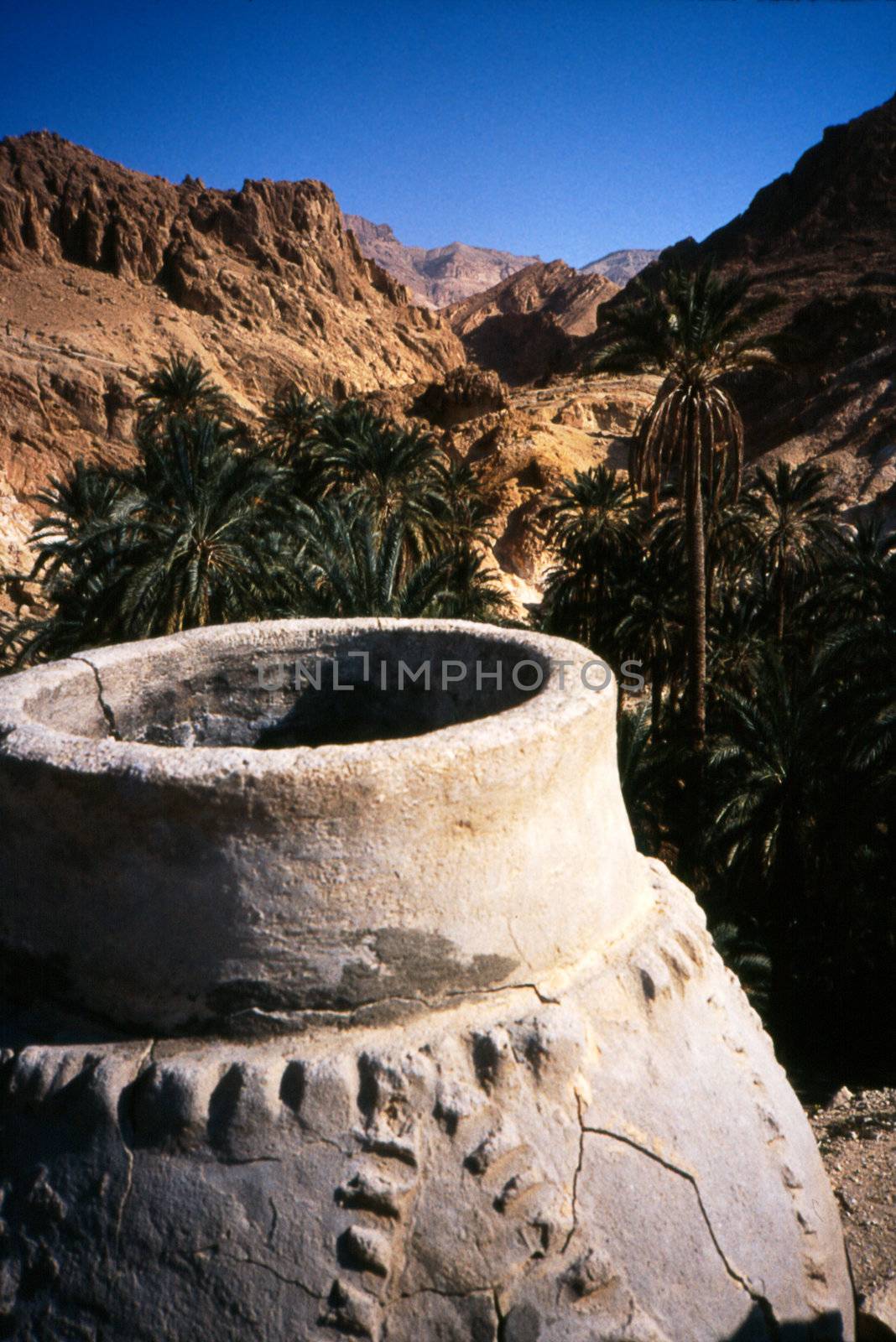 Tunisian vase with desert and mountains in the background
