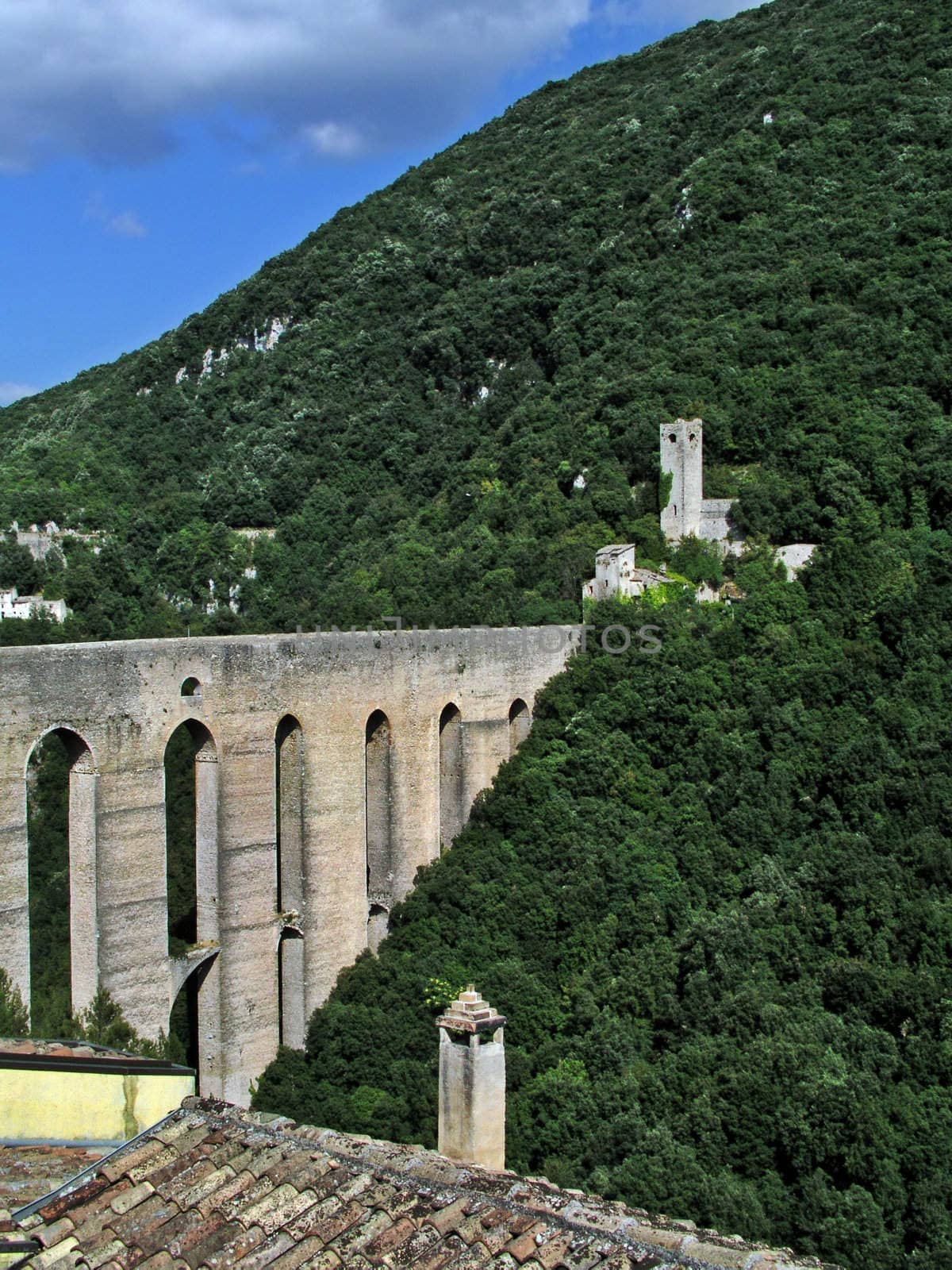 Medieval bridge and castle ruins on mountain side by sil