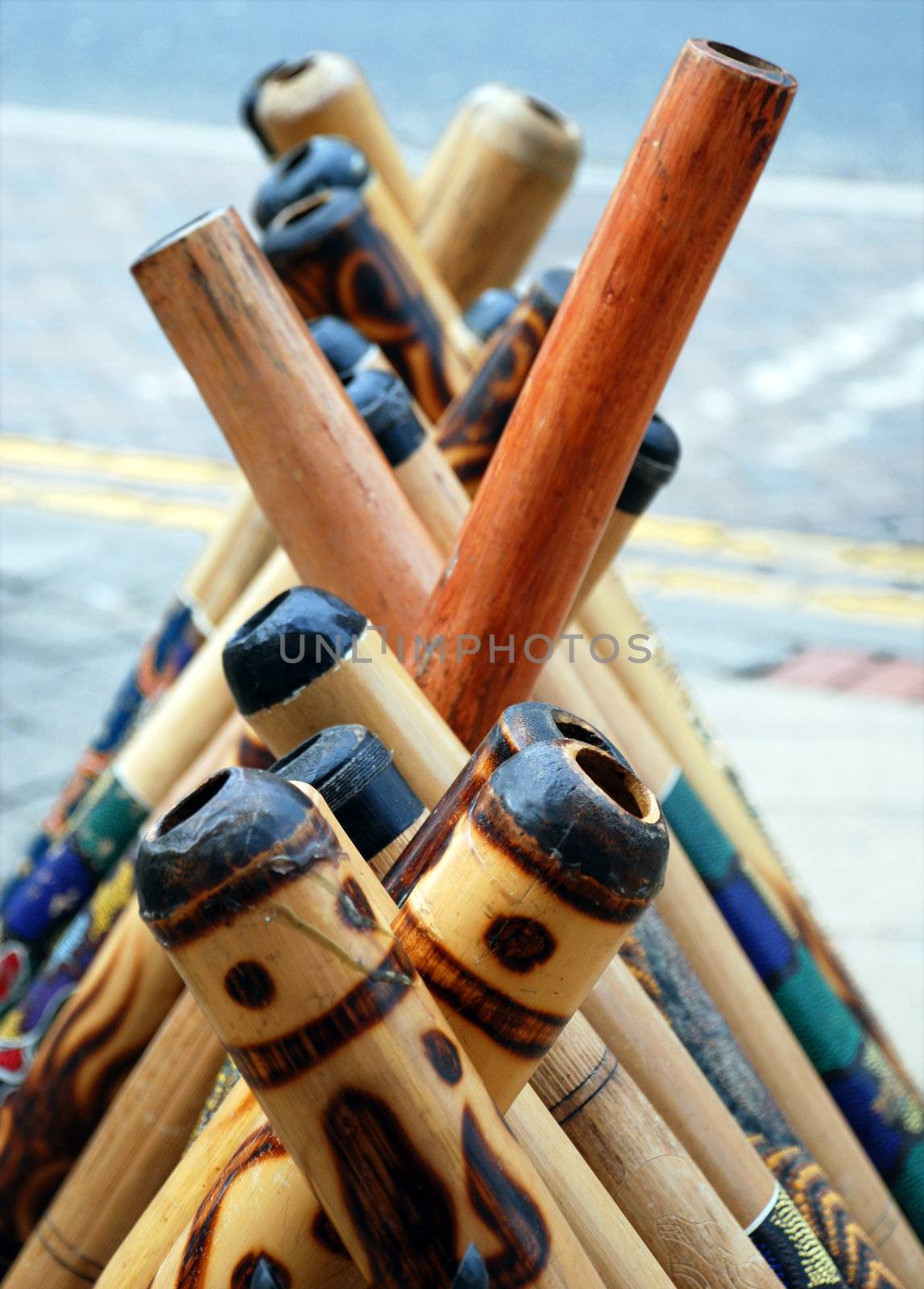 A display of didgeridoos, the world's oldest wind instruments