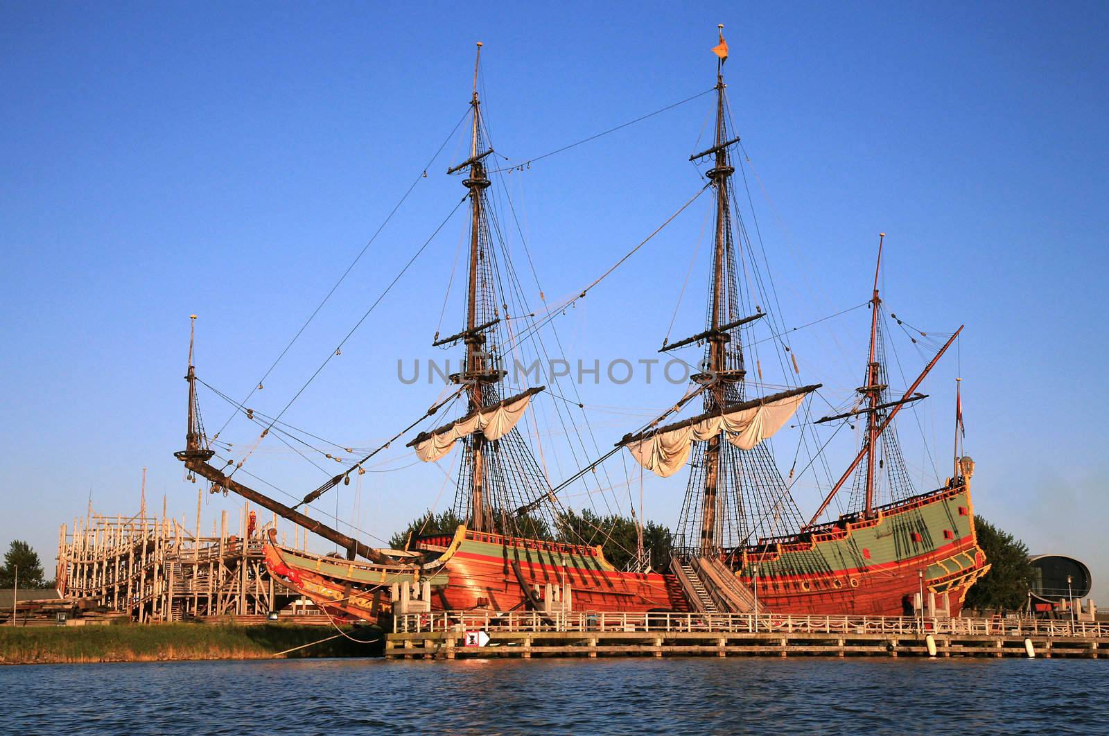 Batavia – historic galleon from Netherlands by sunset. Old ship. Lelystad, Flevoland.