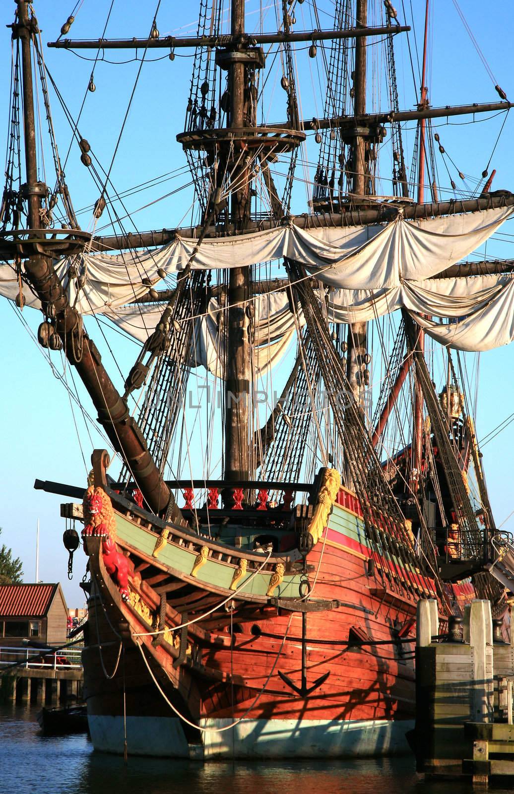 Batavia – historic galleon from Netherlands by sunset. Old ship. Lelystad, Flevoland.