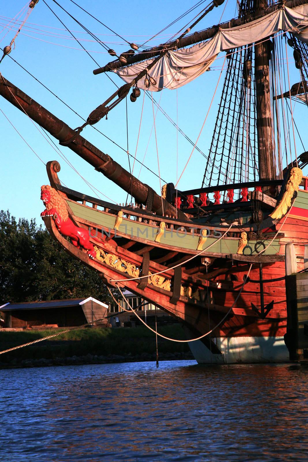 Batavia – historic galleon from Netherlands by sunset. Old ship. Lelystad, Flevoland.