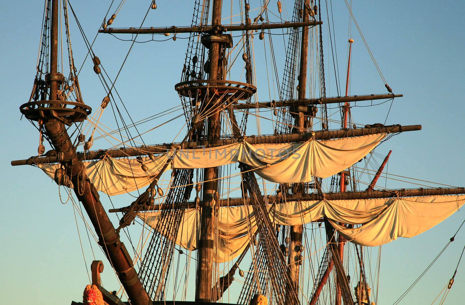 Details of sail – Batavia – historic galleon by sunset. Old ship. Flevoland, Netherlands.