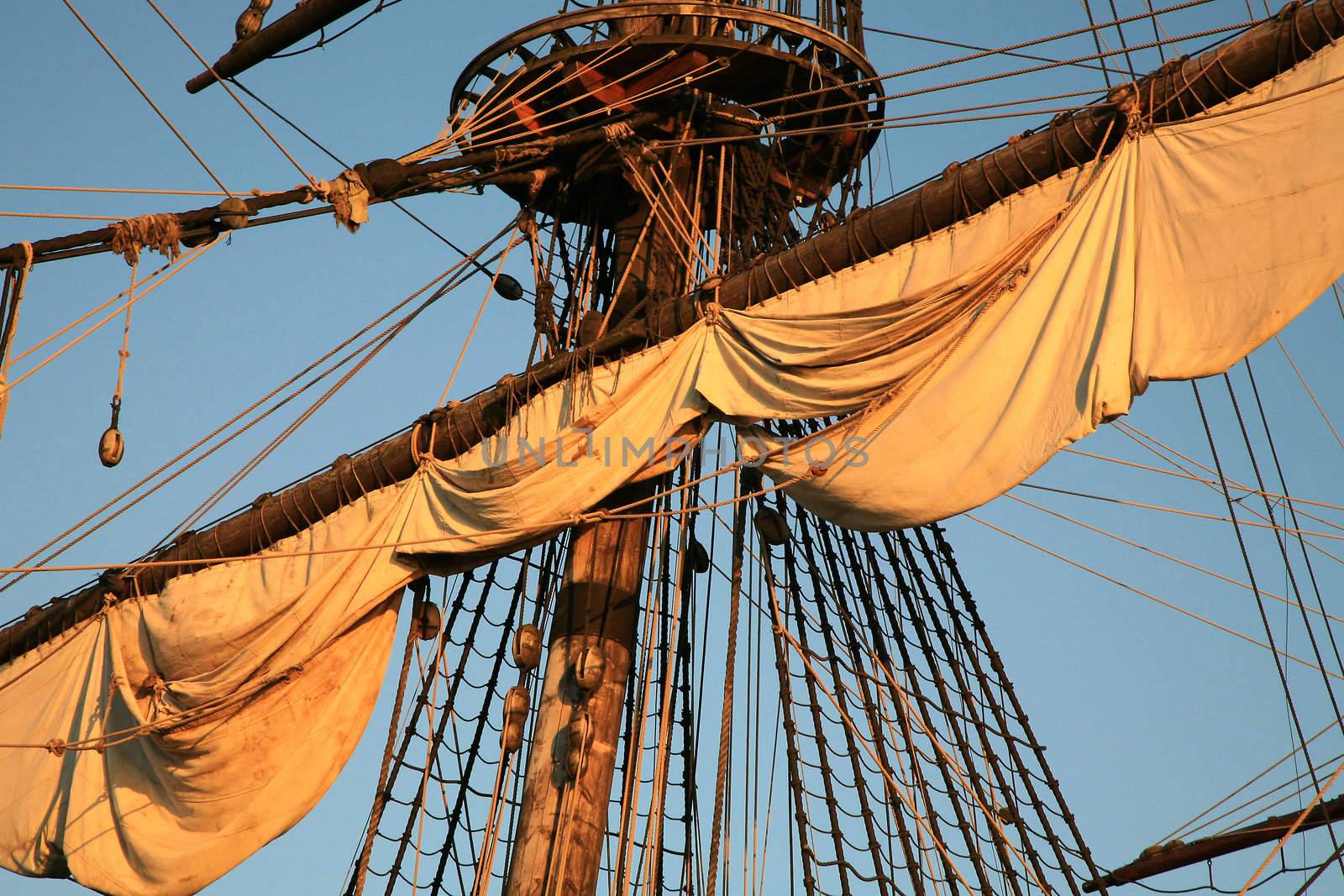 Details of sail – Batavia – historic galleon by sunset. Old ship. Flevoland, Netherlands.