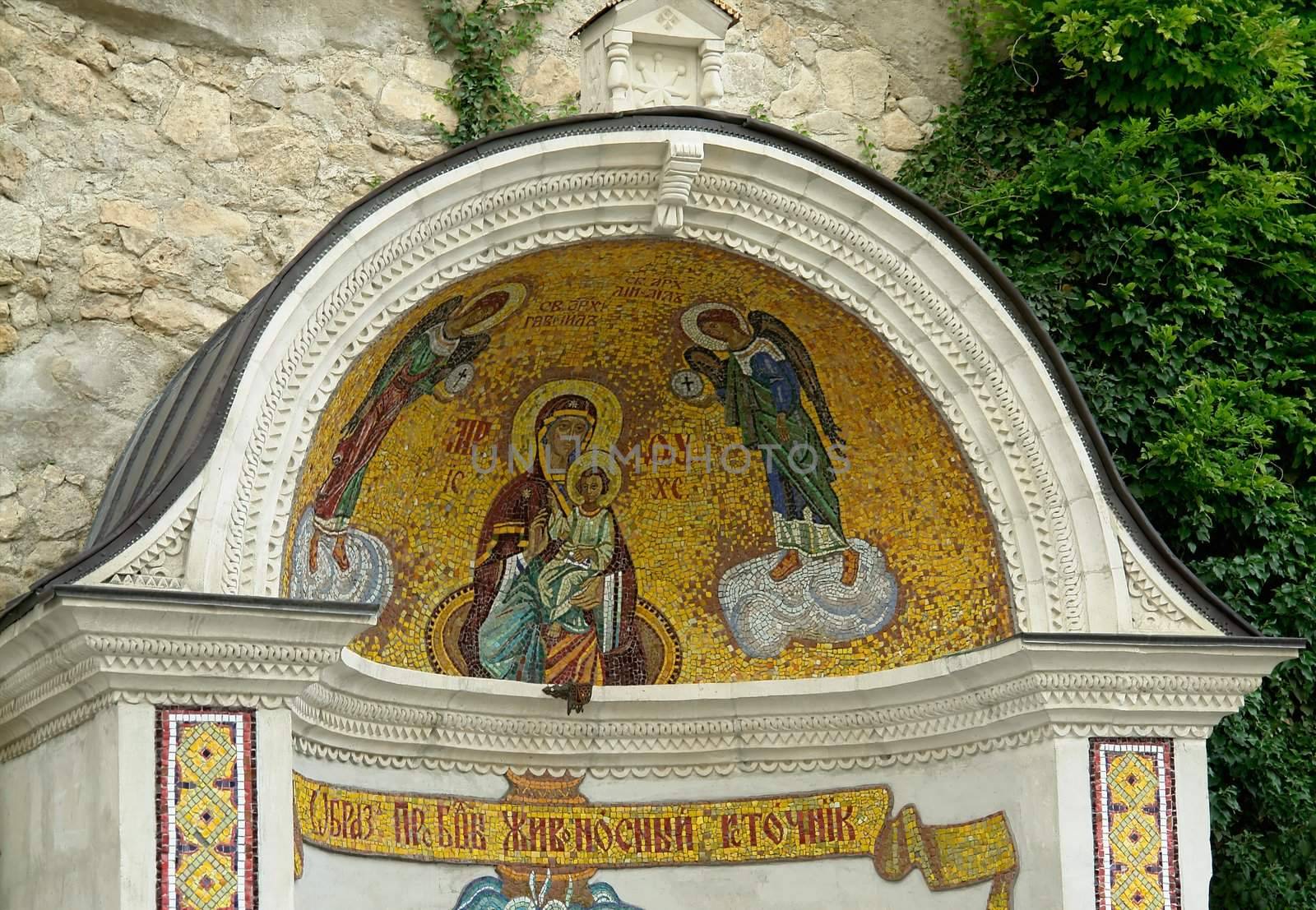 Fresco on a wall of a mountain monastery with the image orthodox sacred