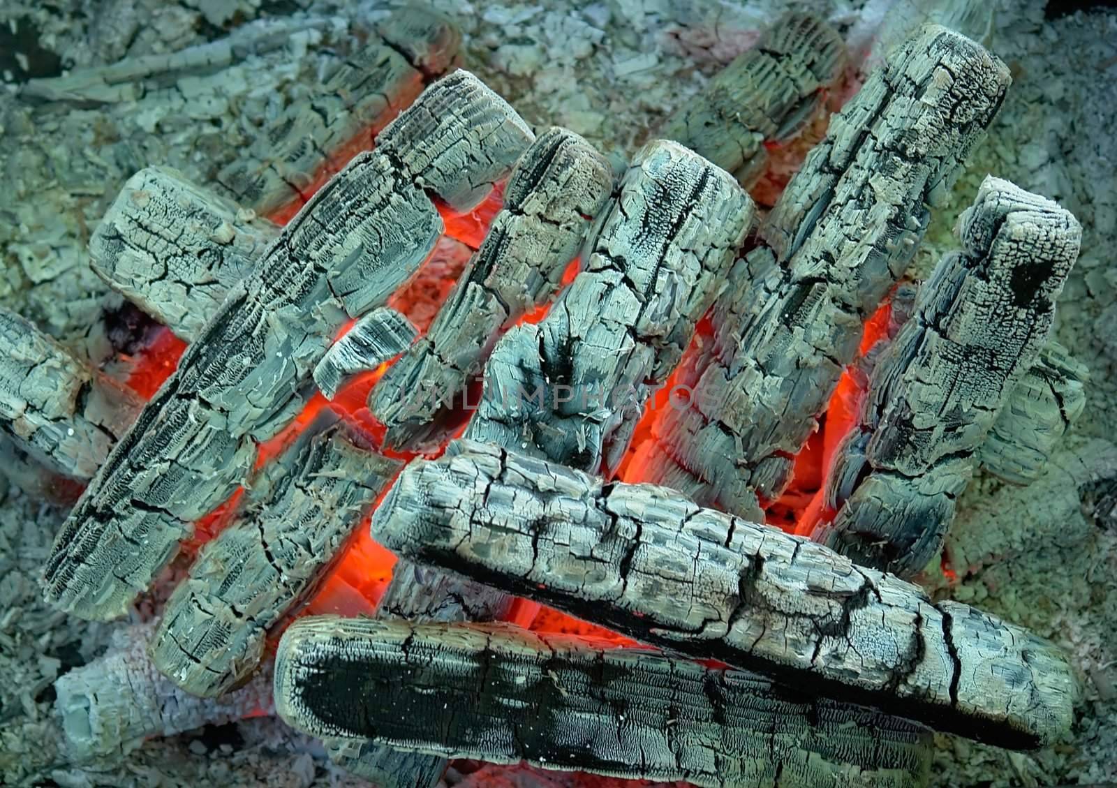 Texture. Colorful details of burning coal and wood.