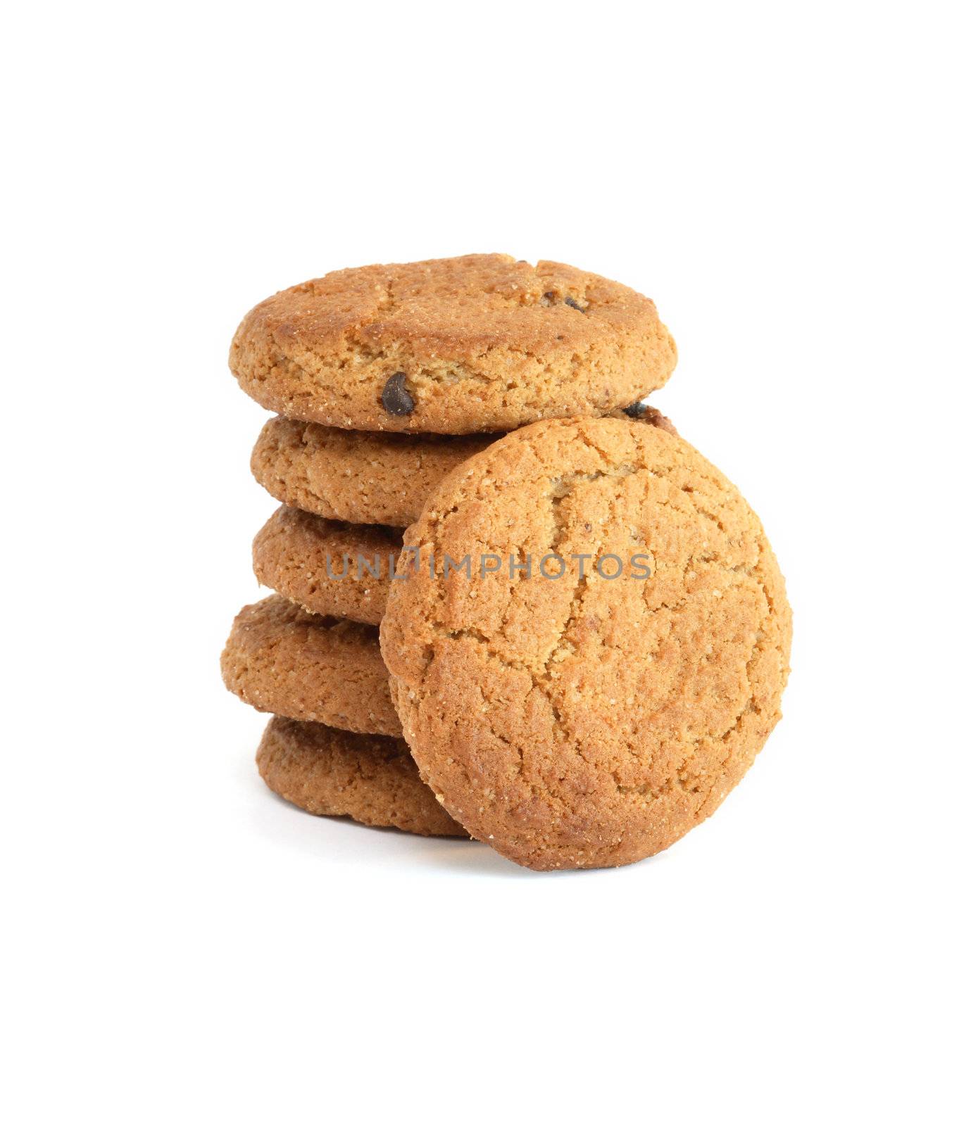 Stack of oatmeal cookies standing on white background