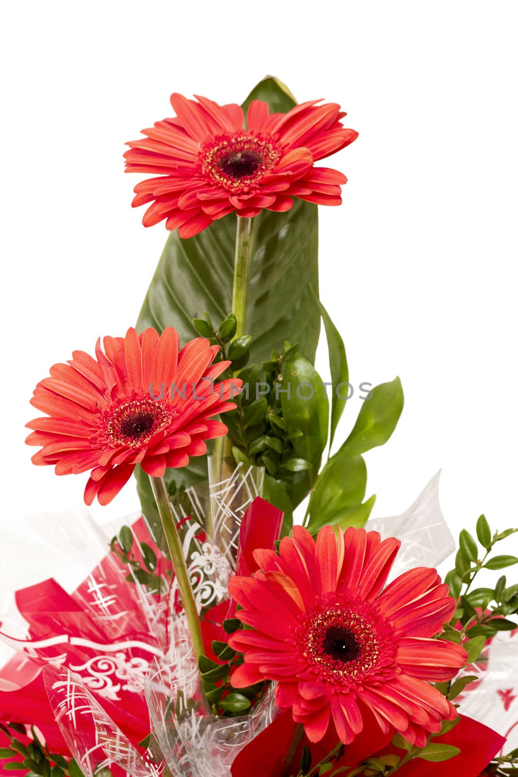 beautifully designed bouquet of three red flowers