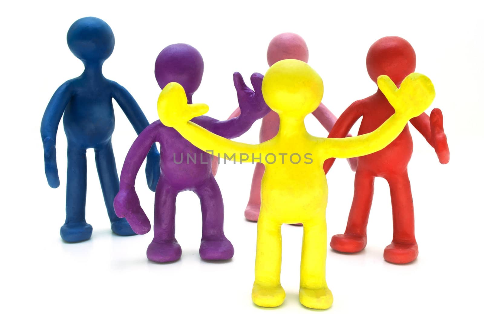 A group of plasticine puppets on white background