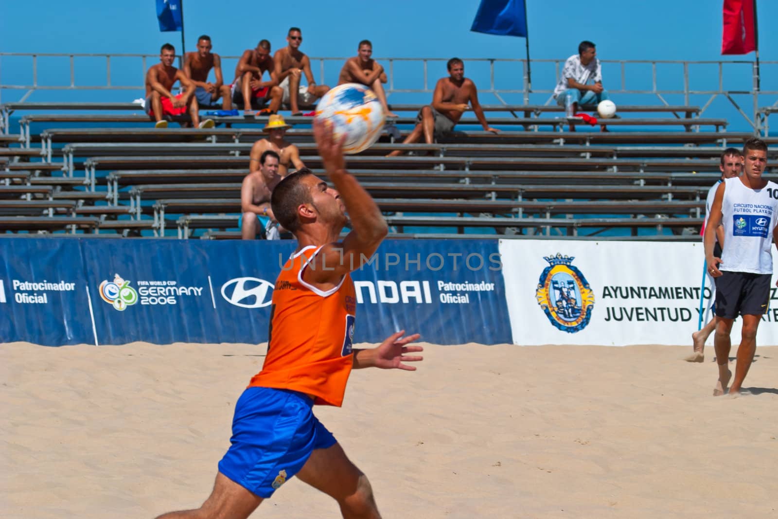 CADIZ, SPAIN -  JUL 22:  Unknown goalkeeper of unknown team playing the Spanish Championship of Beach Soccer on Jul 22, 2006 on the beach of La Victoria in Cadiz, Spain