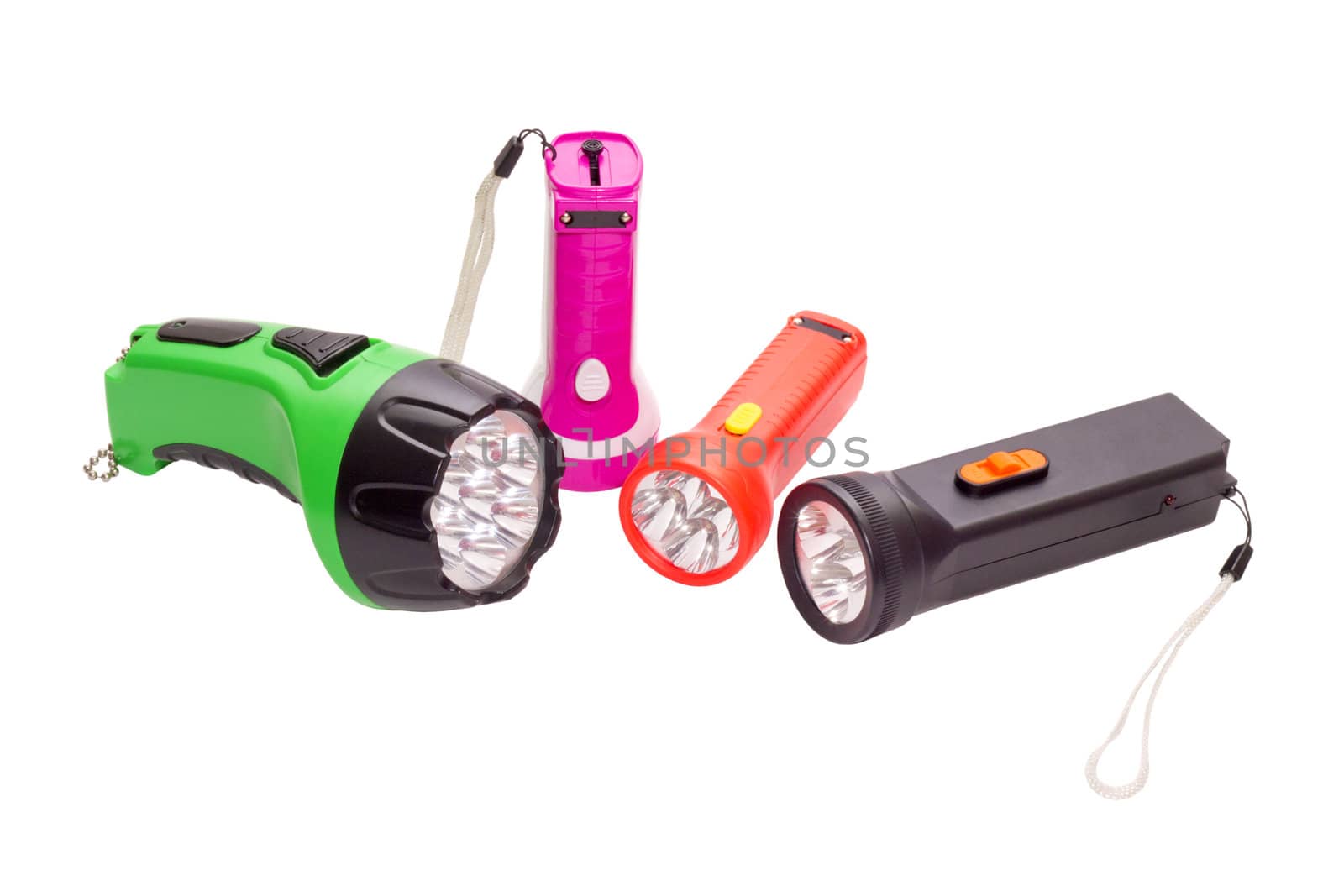 four differently colored LED flashlight on a white background