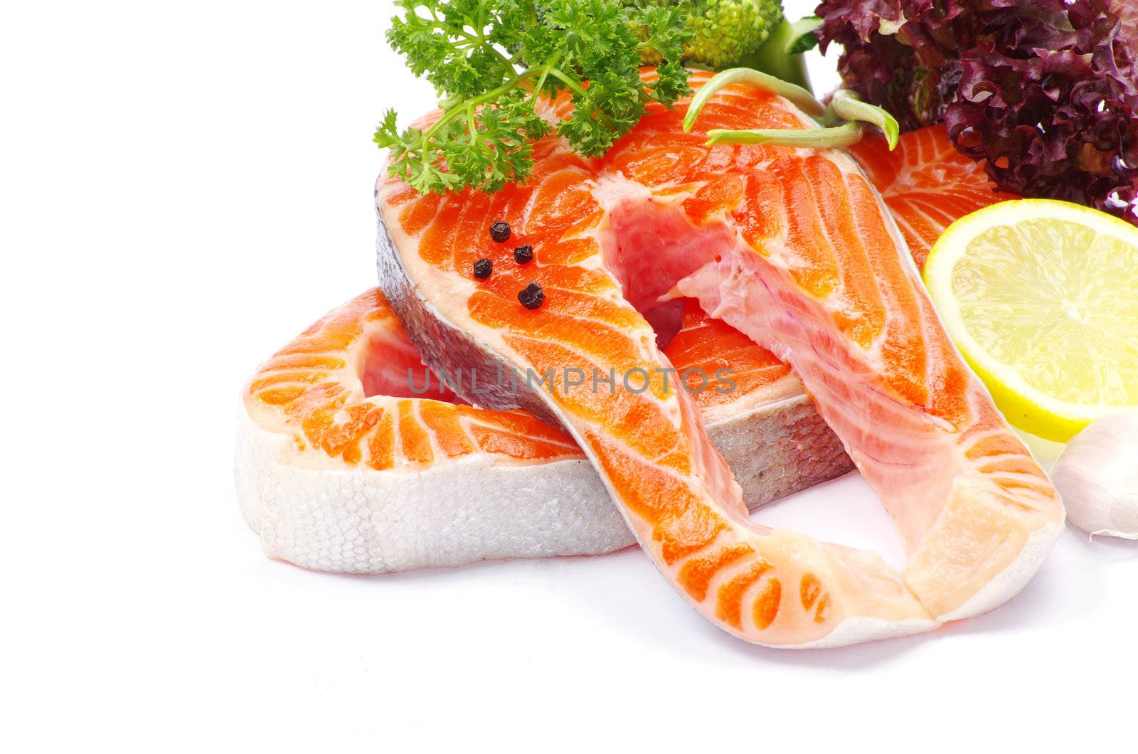 raw salmon and spices isolated