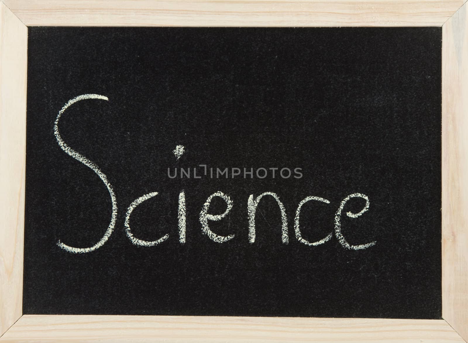 A black board with a wooden frame and the word 'SCIENCE' written in chalk.