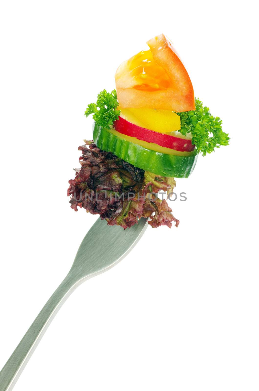 food on a fork isolated on white background