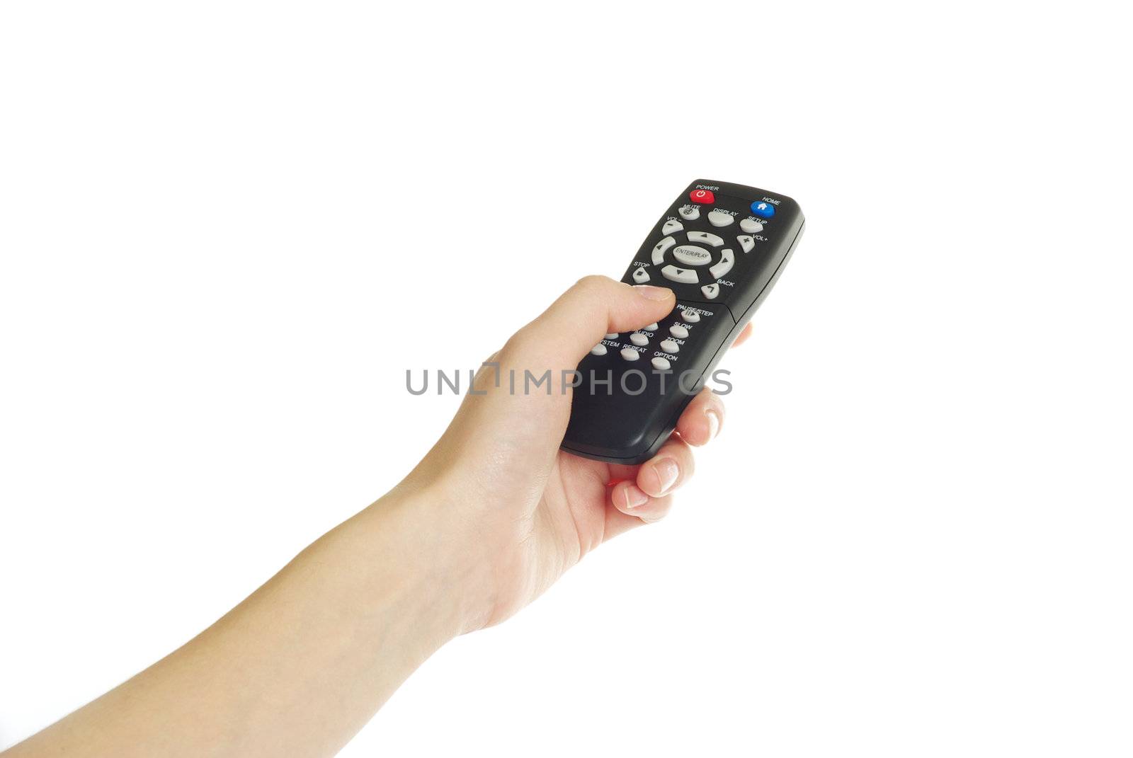 remote control in hand isolated on white background