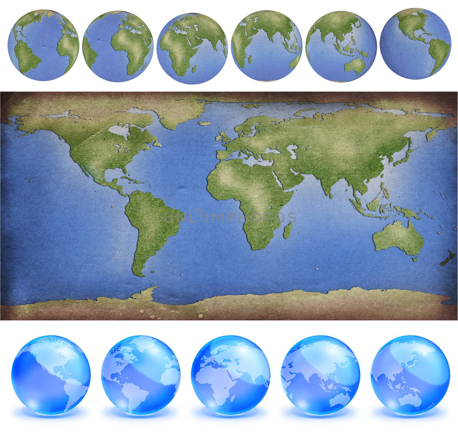 grunge paper world map with earth globes in paper style and crys by Suriyaphoto