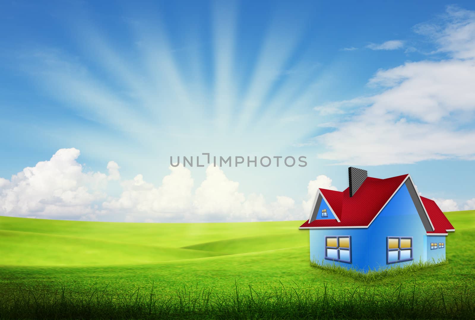 alone house on grass field by Suriyaphoto