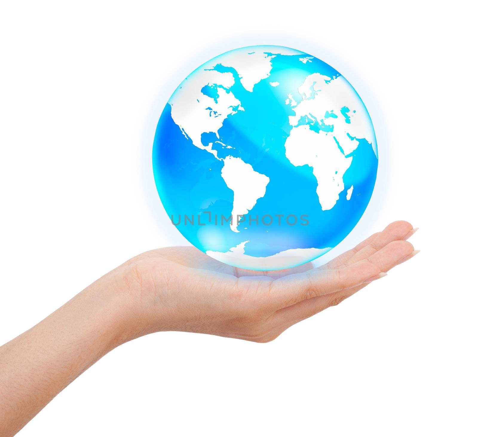 Hand holding crystal globe, Save world concept by Suriyaphoto