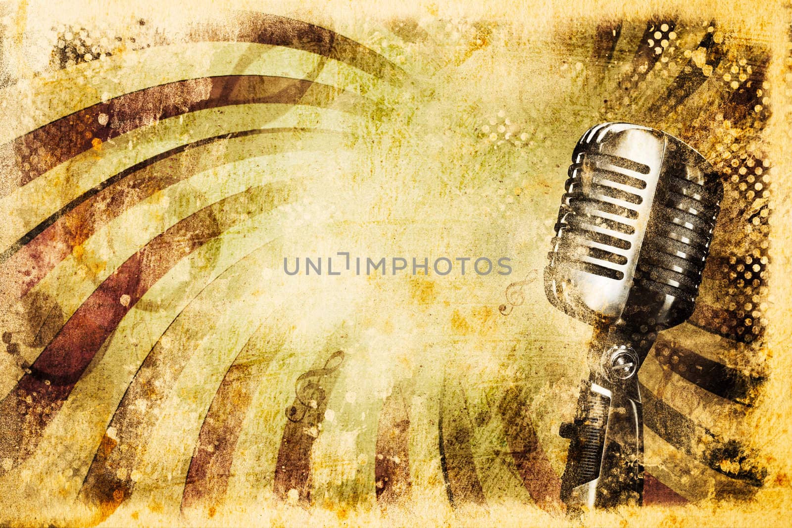 Grunge music background with old microphone by Suriyaphoto