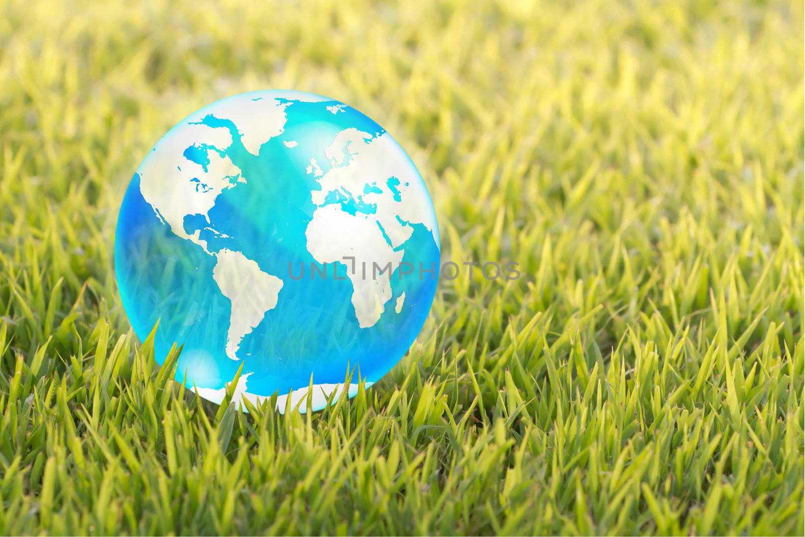 blue crystal globe on green background