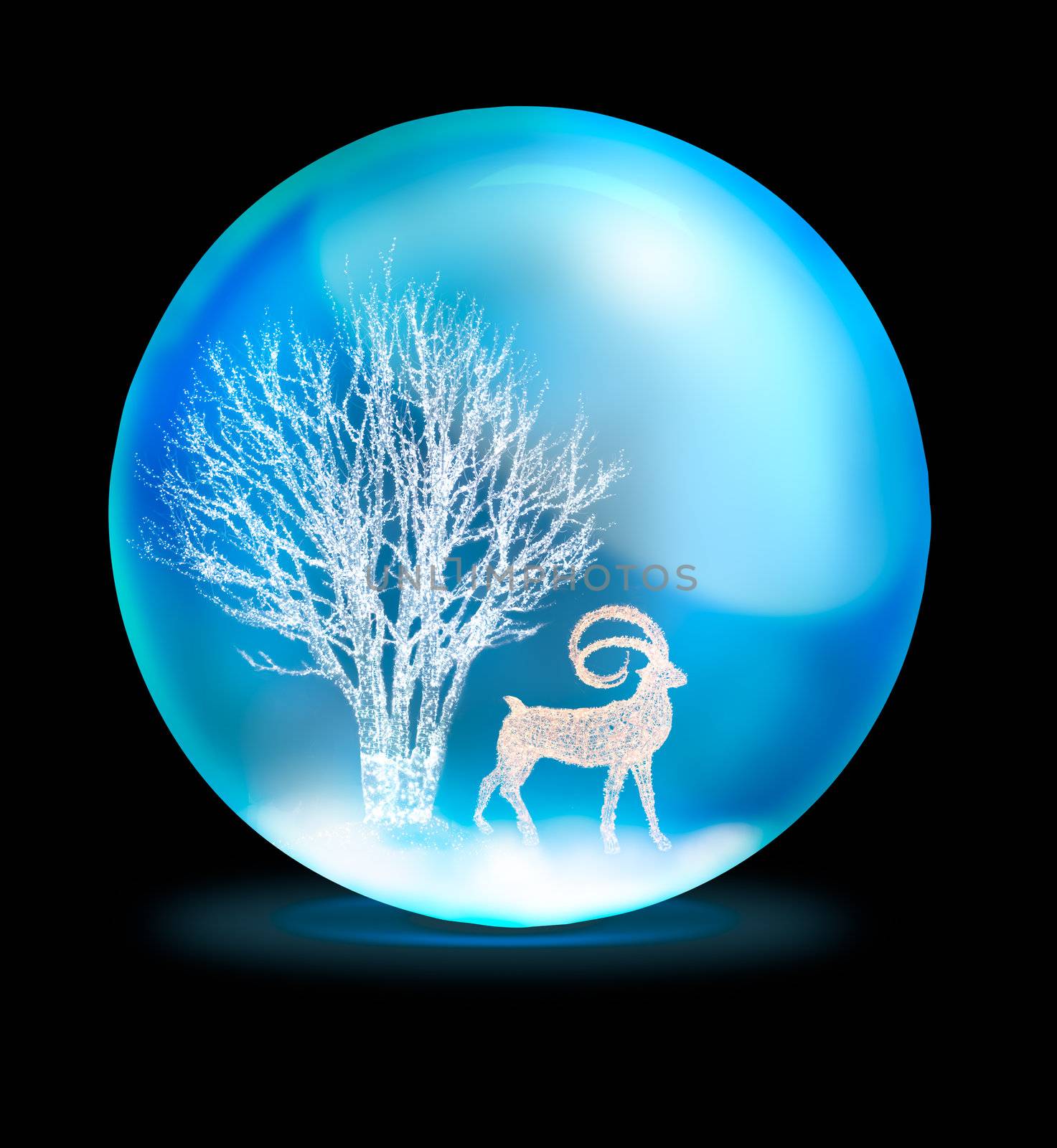 lighting tree and deer in crystal ball on black background